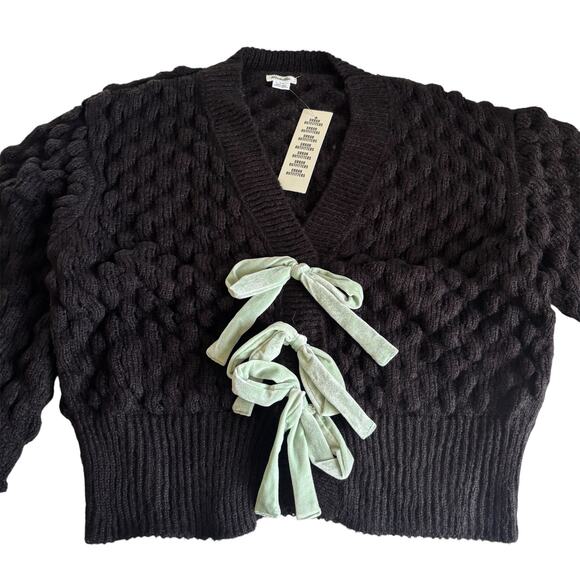 Kimchi Blue Urban Outfitters Cora Mint Bow Black Pull On Cardigan Size Medium - Picture 2 of 8